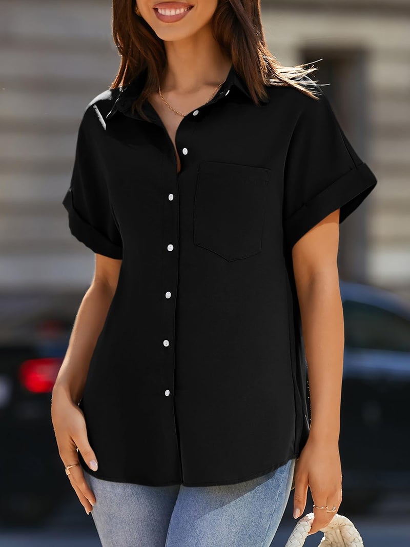 Beautife Womens Short Sleeve Shirts V Neck Collared Button Down Shirt Tops with Pockets Black - Image 2
